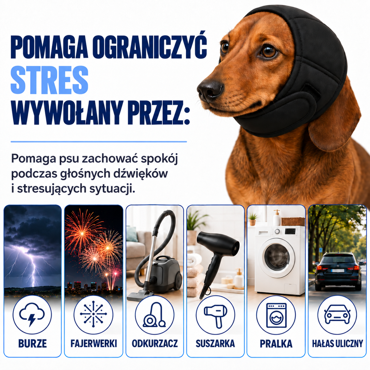 PsiZen pomaga ograniczyć stres wywołany przez burze, fajerwerki, odkurzacz, suszarkę, pralkę i hałas uliczny